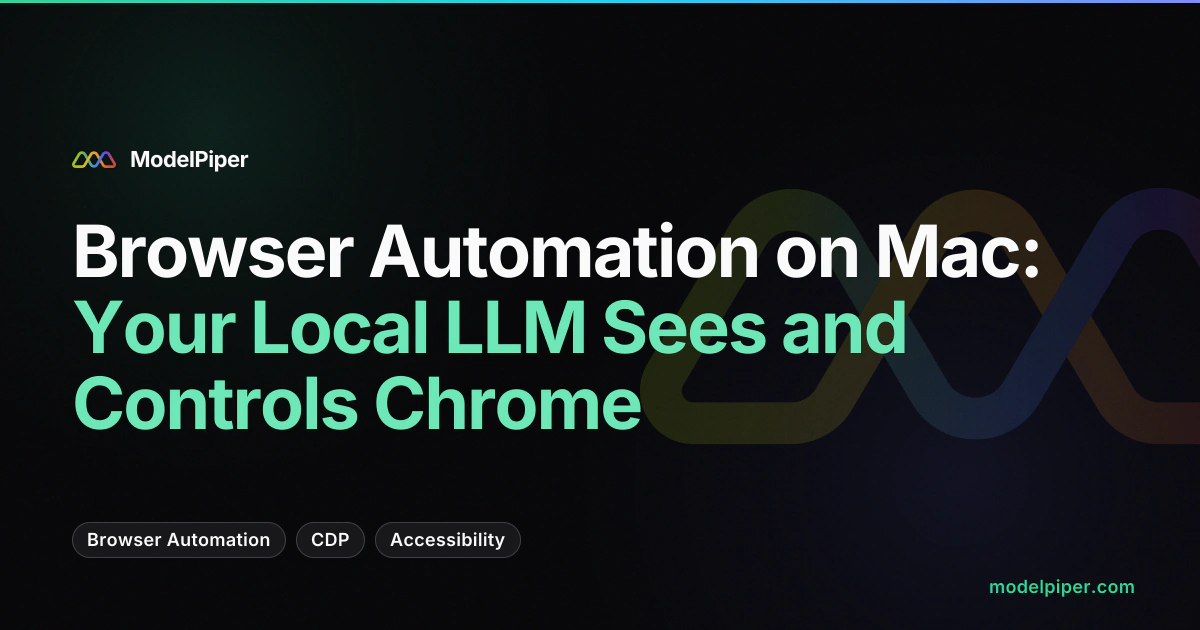 ToolPiper browser automation showing a local LLM driving Chrome through accessibility tree selectors