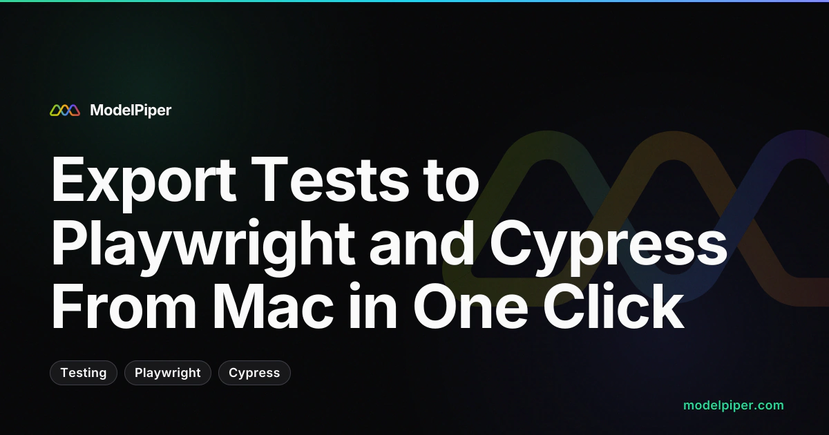 PiperTest export panel showing a recorded test being converted to Playwright code with selector mapping preview