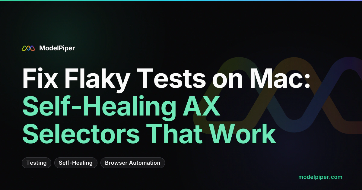 PiperTest self-healing selector flow: broken CSS selector on the left, healed AX selector on the right, with the accessibility tree bridging them