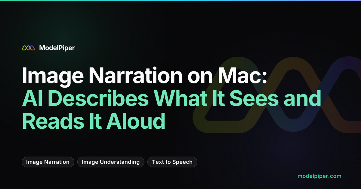 Screencast of image narration in ModelPiper - dropping an image, seeing the AI description, and hearing it read aloud