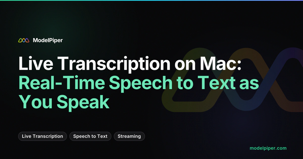Screencast of live transcription in ModelPiper - words appearing in real time as audio streams from a meeting