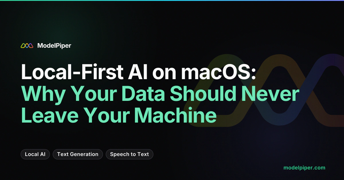 Screencast showing ModelPiper's local AI workflows on macOS - chat, voice, vision, and pipeline builder