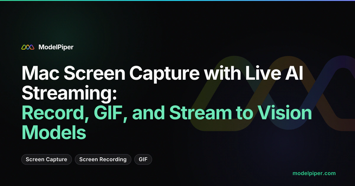 Screencast of VisionPiper selecting a screen region, recording, and streaming frames to ModelPiper's vision pipeline