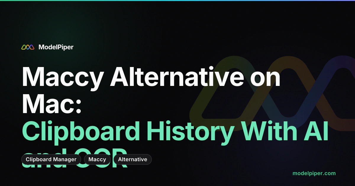 Screencast of ToolPiper clipboard history showing category filters, OCR-searchable screenshot text, and an AI transform replacing selected copied text in place