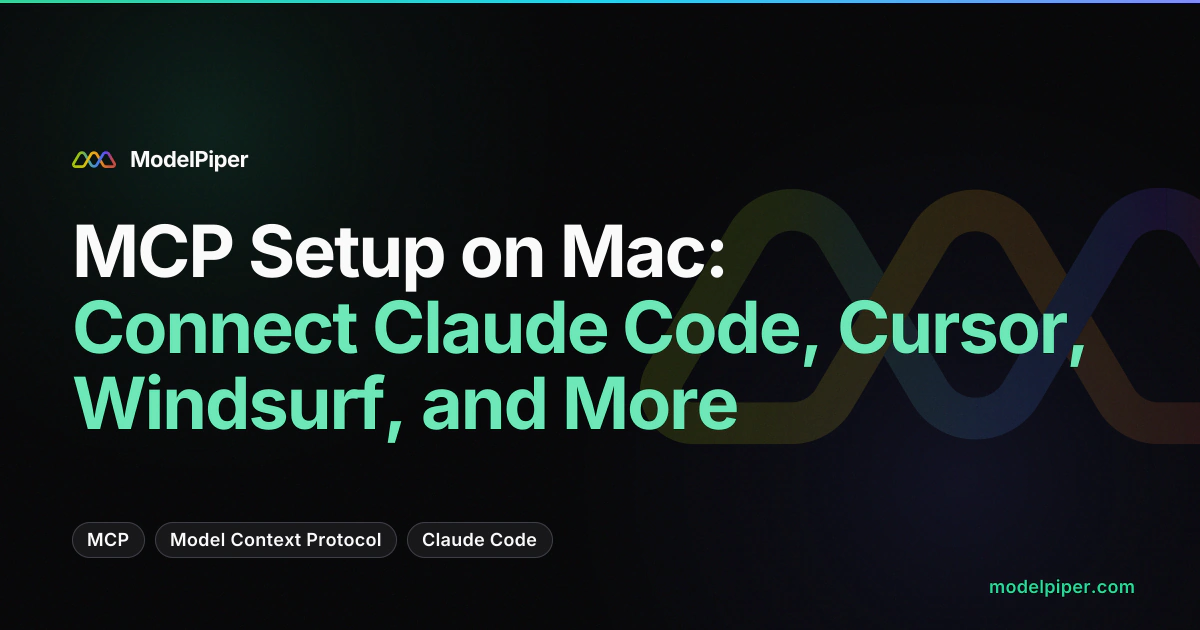Seven AI editor logos connected to a single ToolPiper MCP server on Mac