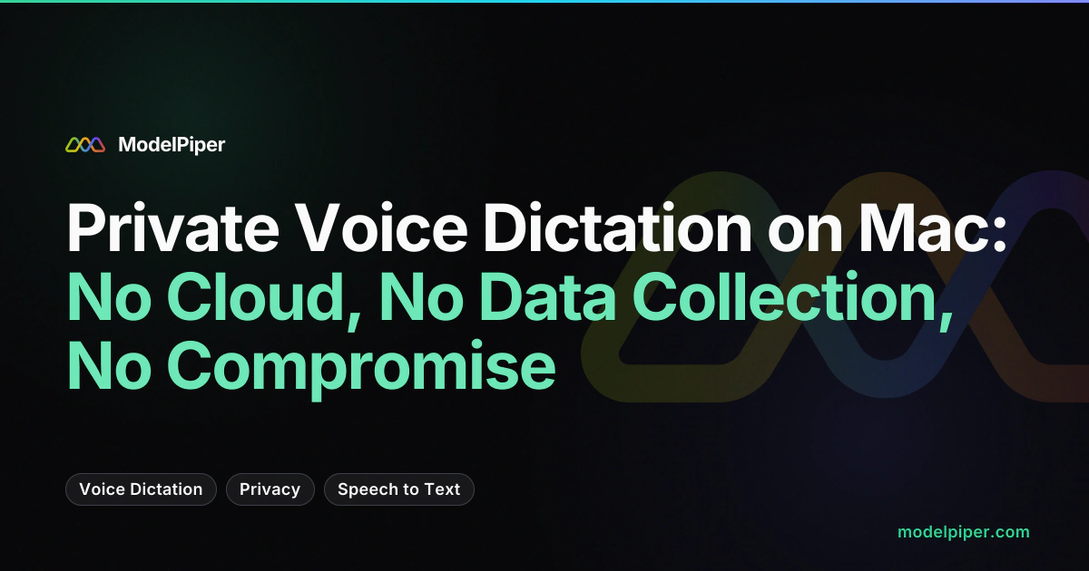 Diagram showing ToolPiper voice dictation processing entirely on-device via Apple Neural Engine with no cloud connection