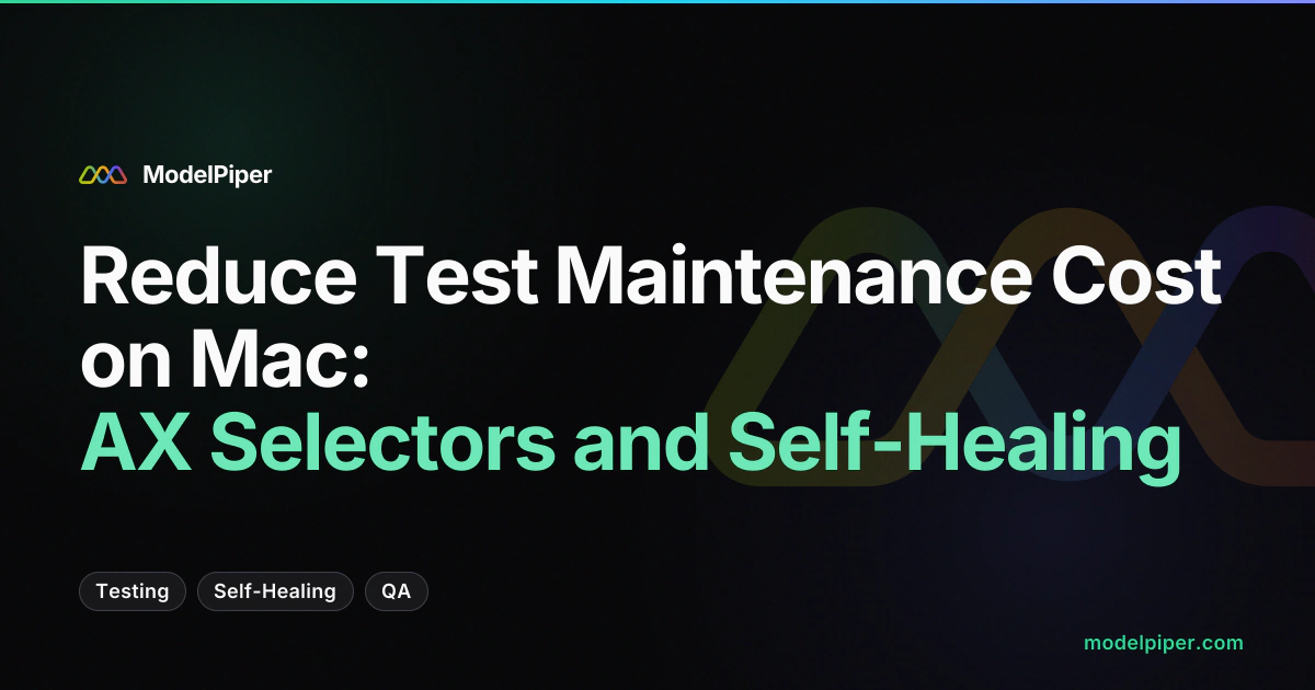 Cost comparison graph showing test maintenance hours declining sharply when switching from DOM selectors to AX selectors with self-healing