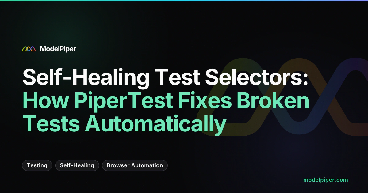 PiperTest self-healing workflow showing a broken selector being automatically repaired via AX fuzzy matching with confidence scoring