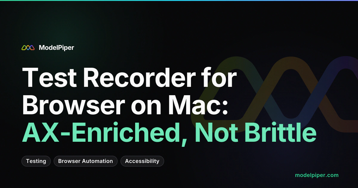 PiperTest recording session showing a browser with the recorder active and captured steps enriched with AX metadata in a tree view