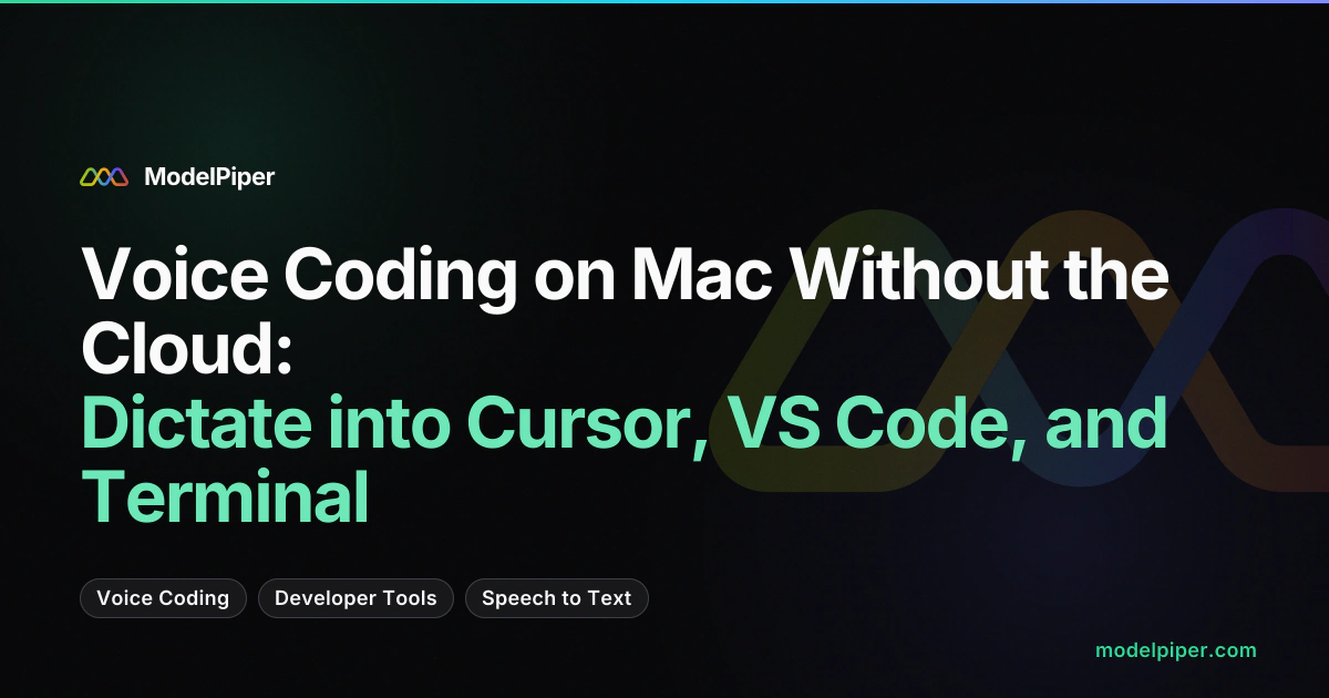 Developer using push-to-talk dictation in VS Code on Mac with ToolPiper, showing on-device processing on Neural Engine