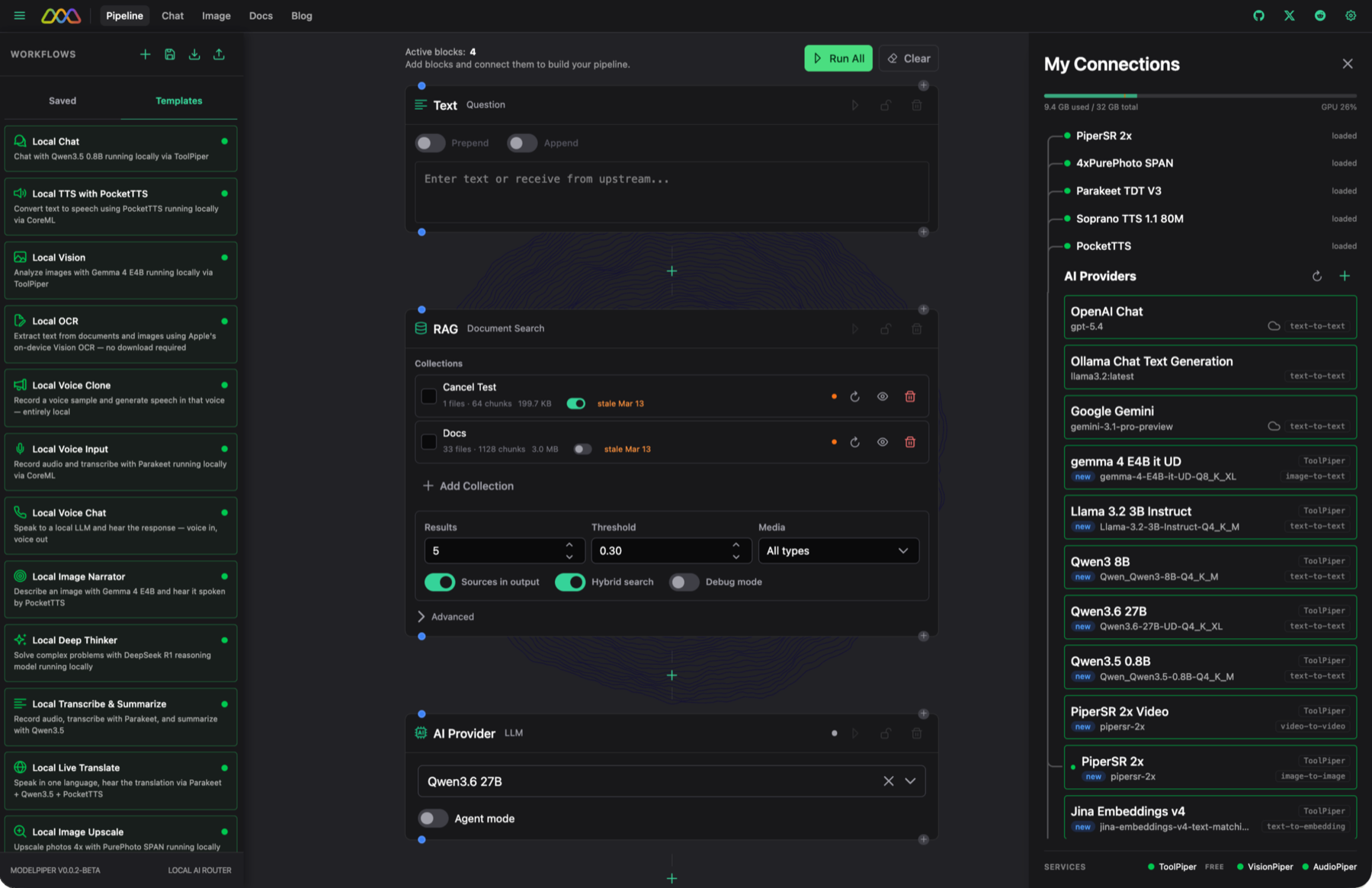 ModelPiper pipeline builder showing a 4-block workflow with Text, RAG, and AI Provider blocks alongside the My Connections panel listing local models loaded in ToolPiper.